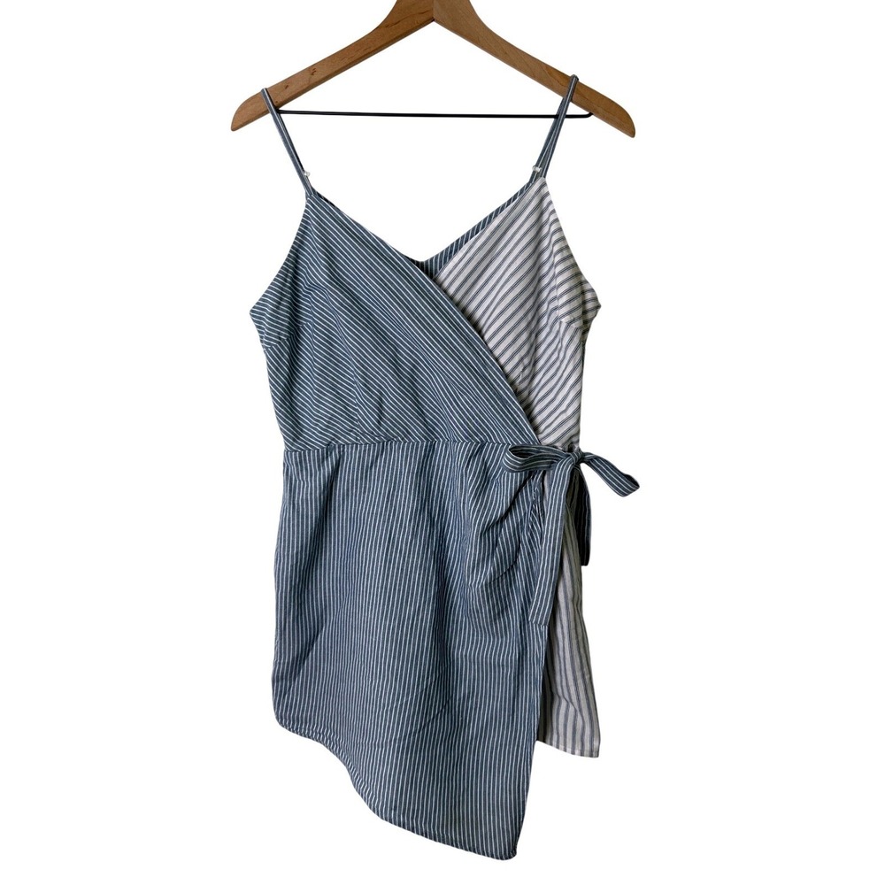 Skies Are Blue Womens Striped Linen Blend Wrap Front Romper Size M Blue White